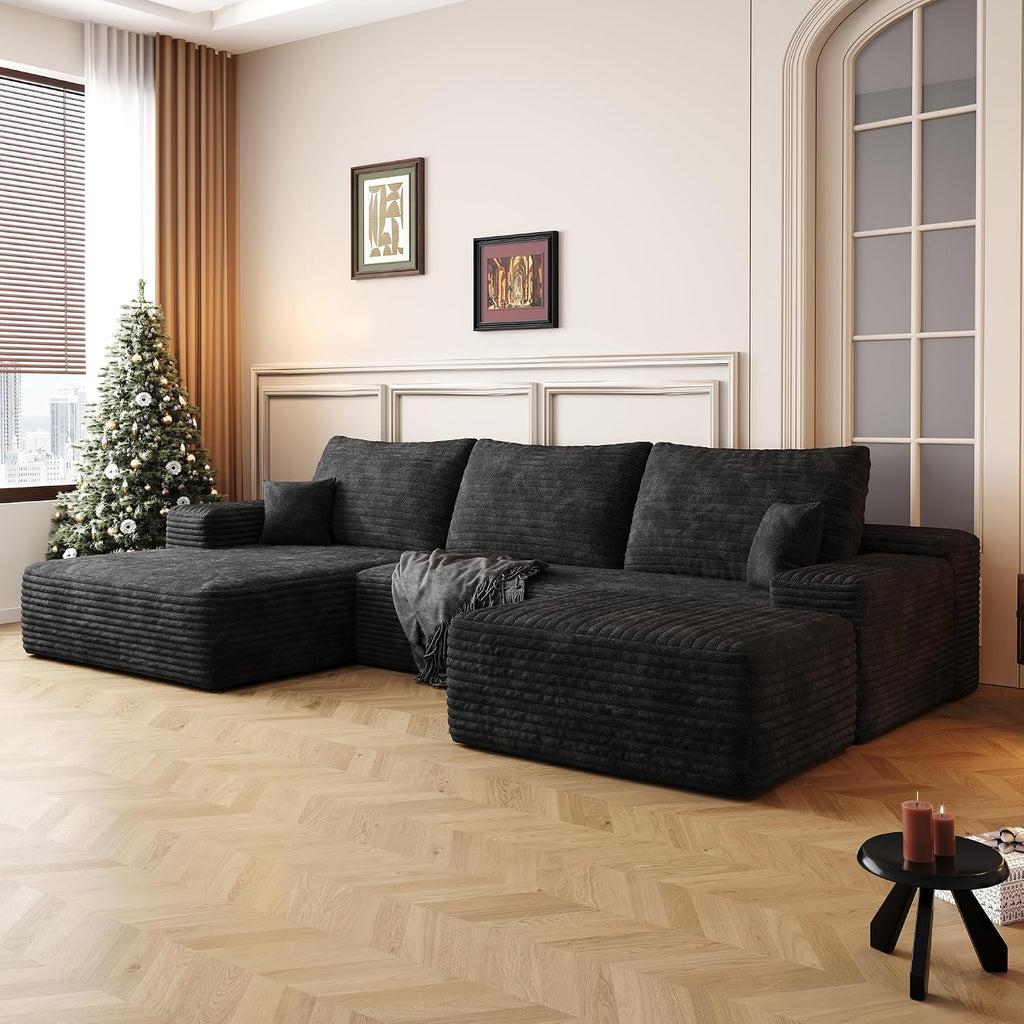 107" W Corduroy Sectional Cloud Couch with Chaise & Ottoman, No Assembly Required, U Shaped Modular Sectional Sofa, Cozy Fluffy Sofa for Living Room (Black, Left Facing Chaise+Ottoman)