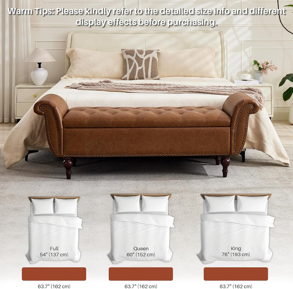63.78" Inch Storage Bench for Bedroom Faux Leather End of Bed Bench with Storage Upholstered Ottoman Foot Rest with Rolled Arms for Bedroom Living Room Holds Up to 700 Lb Brown