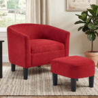 INZOY Oversized Accent Chair with Ottoman, 23.2" W Oversized Club Chair with Ottoman Set, Comfy Fabric Barrel Reading Chairs for Living Room Bedroom, Round Reading Chair with Foot Rest, Red