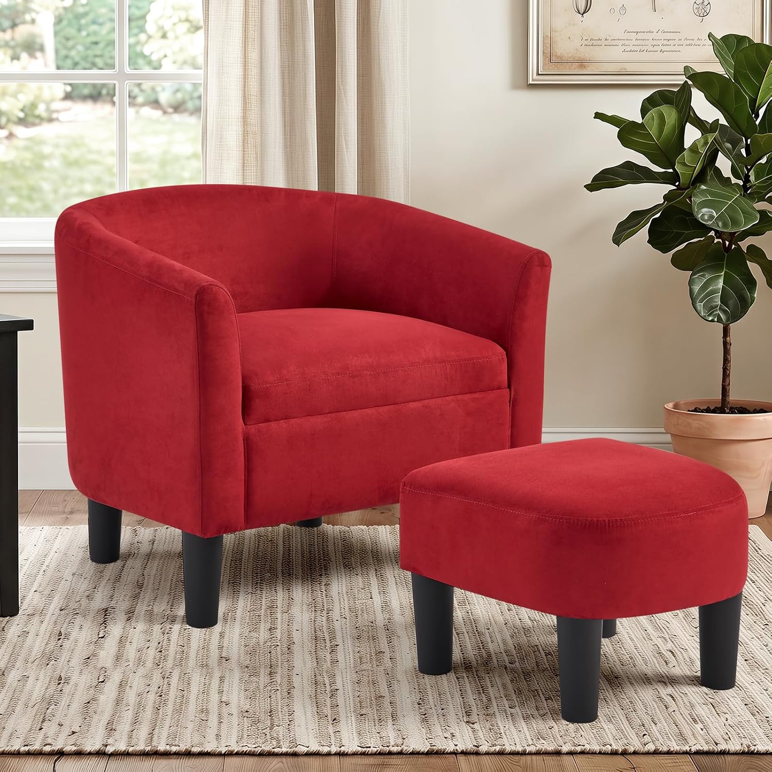 INZOY Oversized Accent Chair with Ottoman, 23.2" W Oversized Club Chair with Ottoman Set, Comfy Fabric Barrel Reading Chairs for Living Room Bedroom, Round Reading Chair with Foot Rest, Red