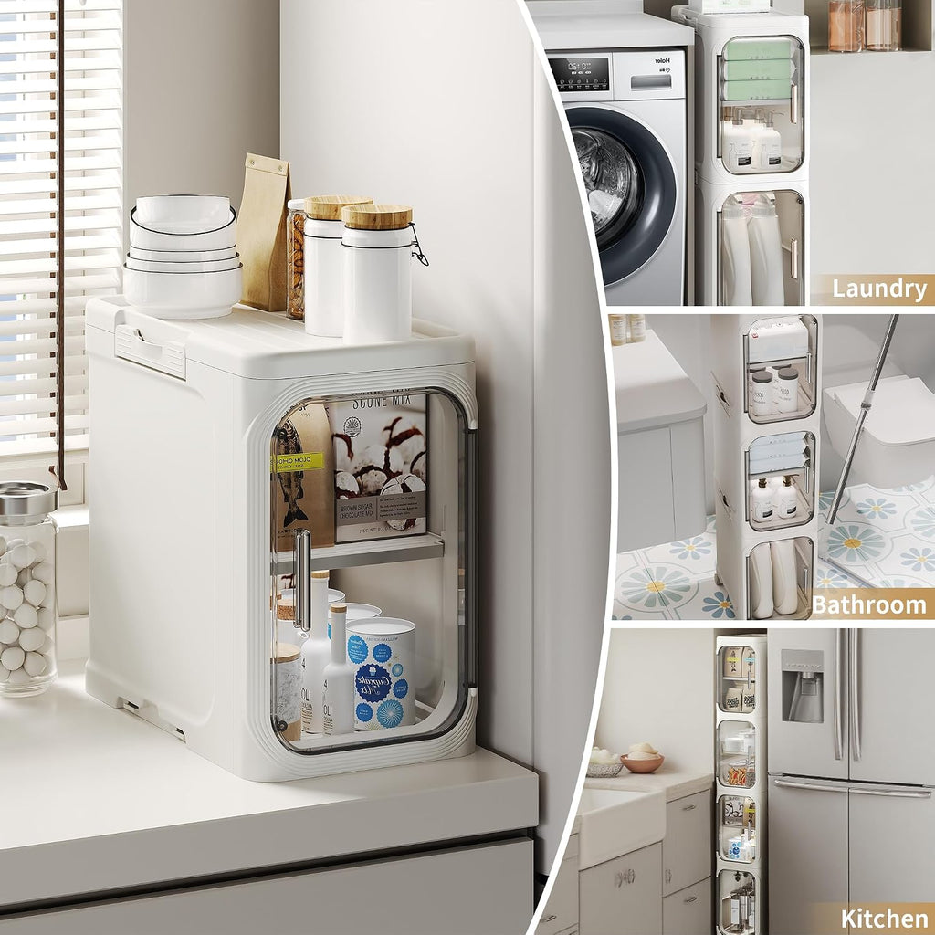 Narrow Slim Bathroom Storage Cabinet with Wheels, 4-Tier White | Tool Free Assembly, Adjustable Shelves, Fits for Narrow Spaces, Reinforced Stability, Magnetic Clear Door