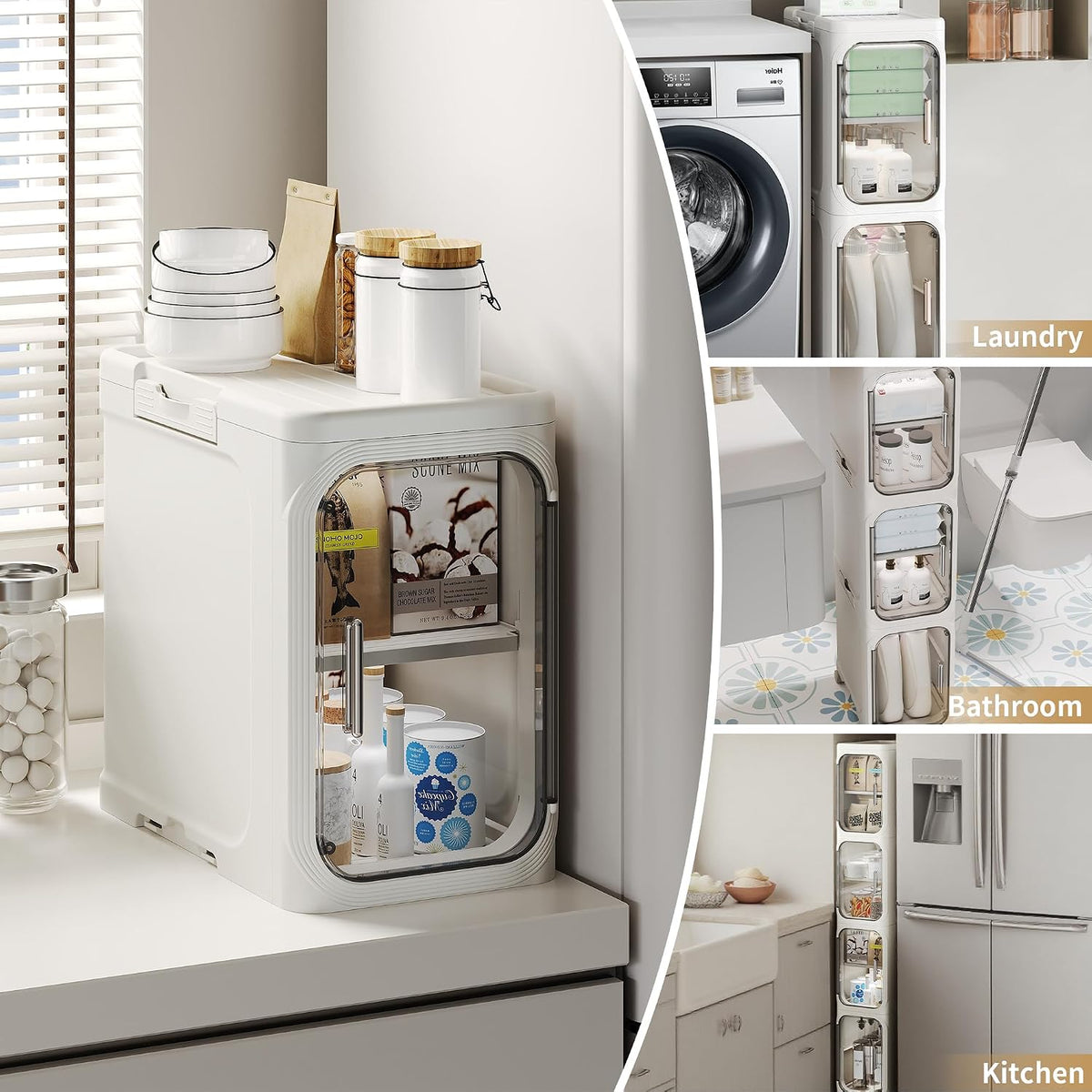 Narrow Slim Bathroom Storage Cabinet with Wheels, 4-Tier White | Tool Free Assembly, Adjustable Shelves, Fits for Narrow Spaces, Reinforced Stability, Magnetic Clear Door