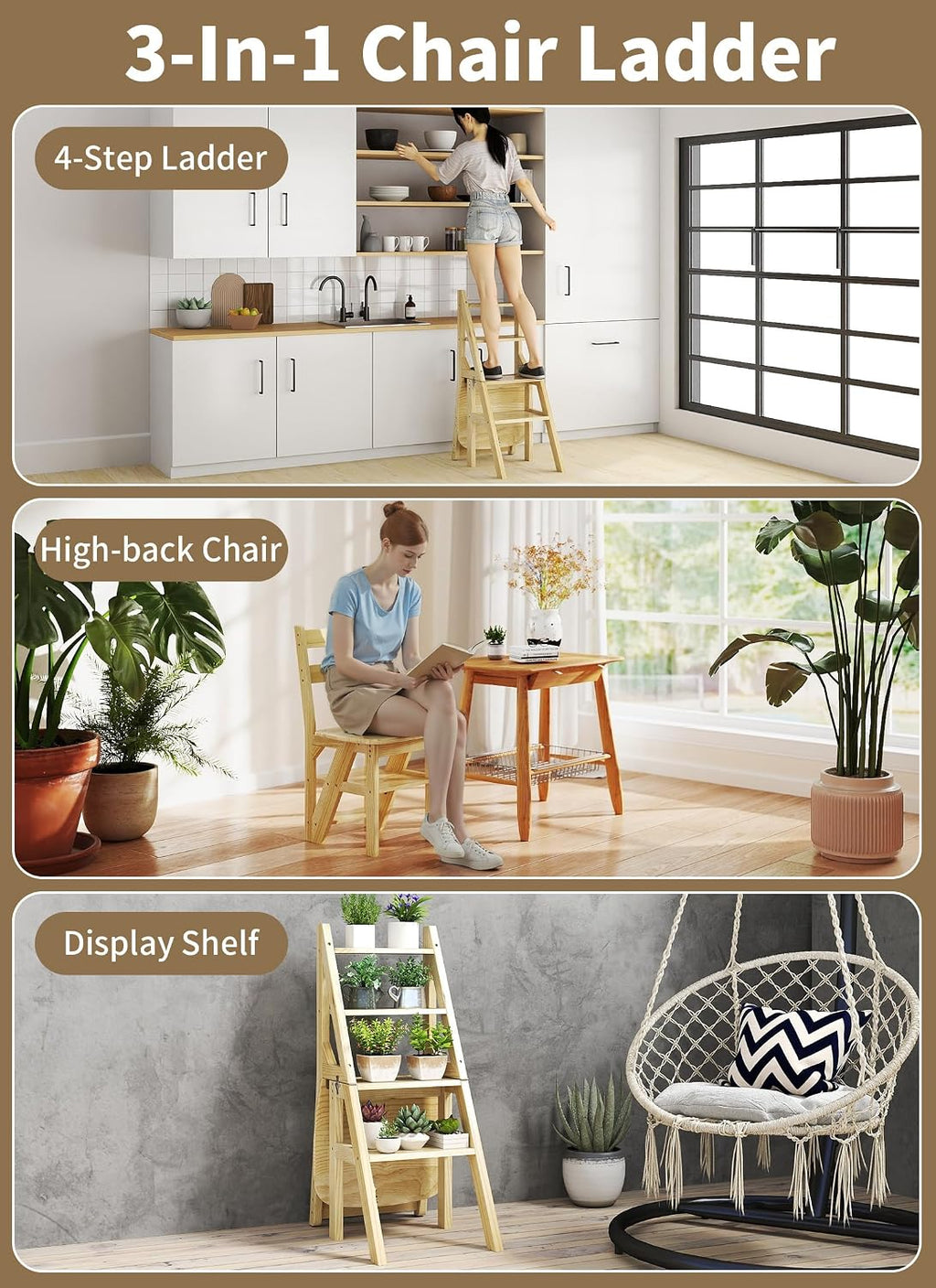 Baoz 3-in-1 Wooden Library Ladder, 4 Tier Folding Ladder, Convertible Step Stool & Display Rack with Lock Buckle Fixation, 300lbs Capacity Step Stool for Kitchen, Library, Office