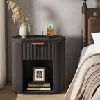 MECHYIN Fluted Nightstand with Charging Station Large 23.6" Round Bedside Table,Black