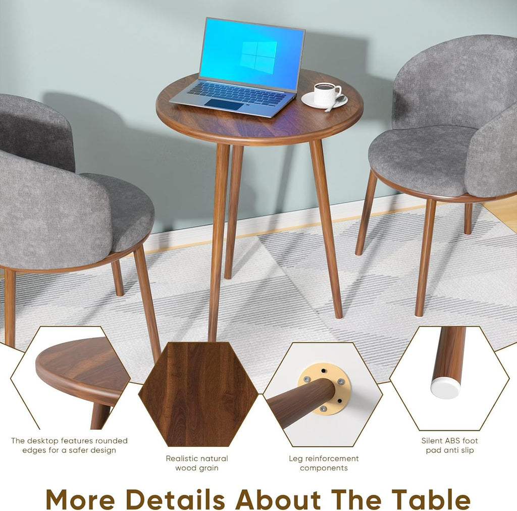 Round Dining Table Set, Upholstered Fabric Chairs with Padded Seat for 2, Space-Saving Modern Nordic Furniture with Sturdy Stainless Steel Legs, Easy to Assemble for Home Office (Grey)