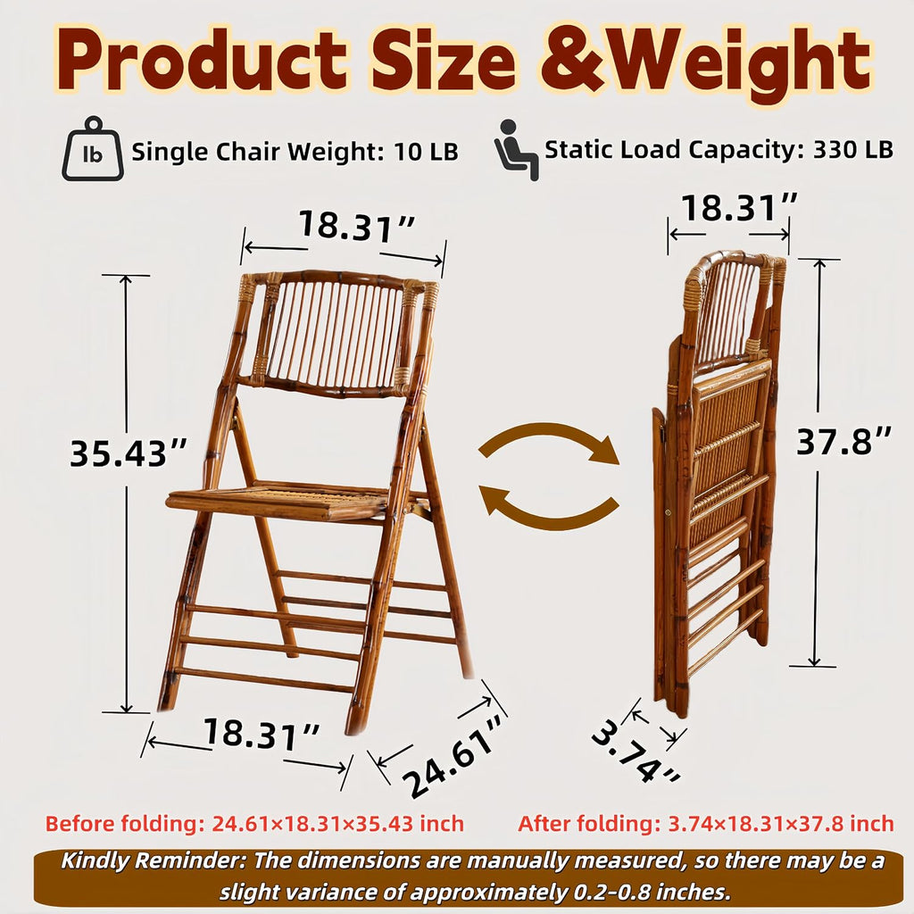 2 Pack Certified Bamboo Folding Chair, Completely Upgraded Foldable Vintage Dining Chair with 330lb Handcrafted for Living Room Patio Garden Balcony Indoor/Outdoor (, Antique Brown)