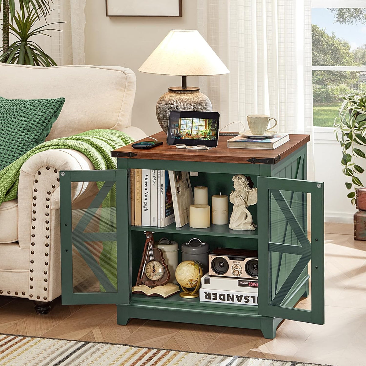 Joaxswe Farmhouse End Table, 24" Large Sofa Side Table with Charging Station Glass Barn Door, Wood Nightstand with Adjustable Storage Shelf, Square Bedside Table for Living Room, Bedroom, Office-Green