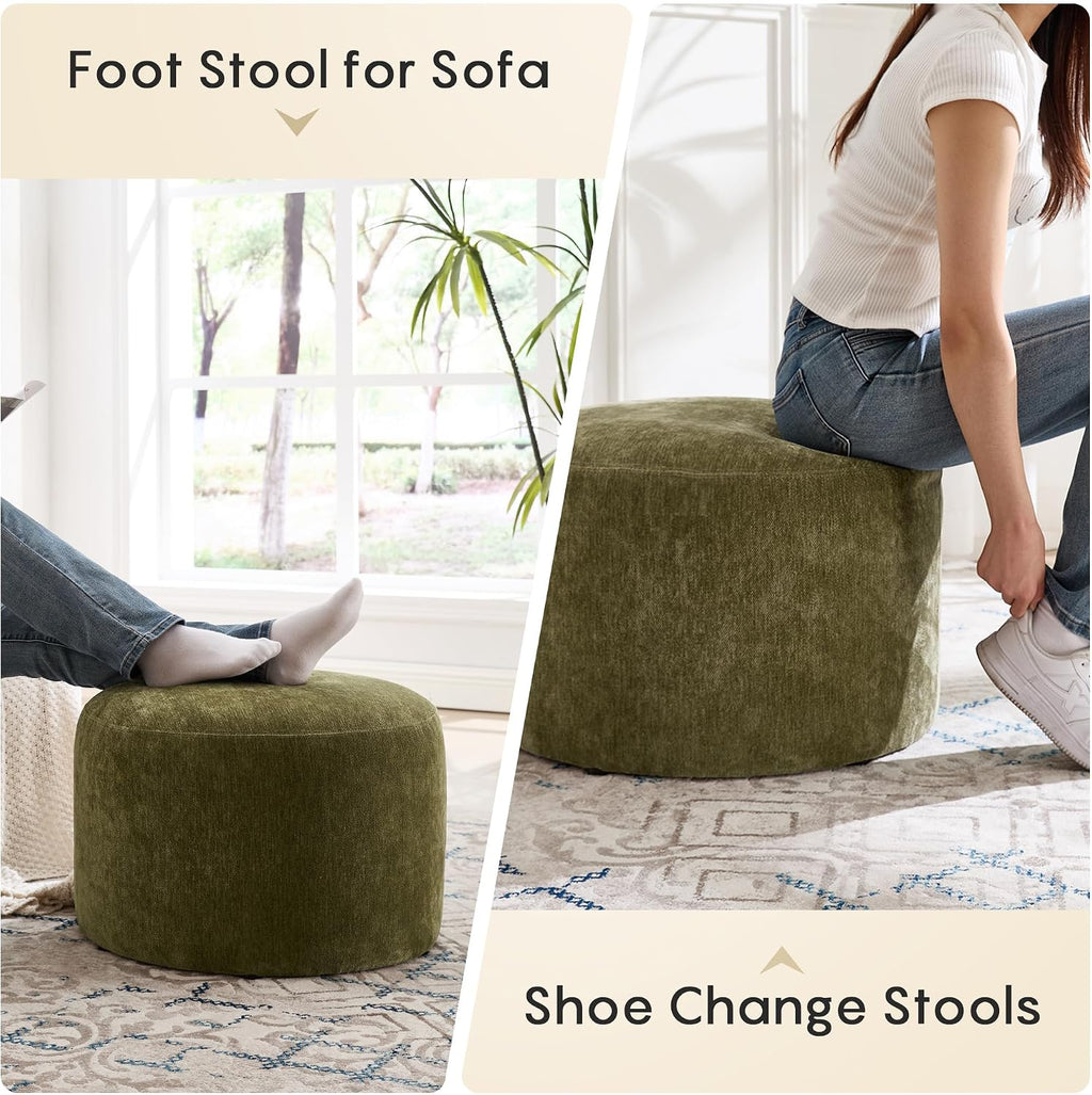 Flouki Pouf Ottoman Footrest, Foot Stools, Modern Round Upholstered Ottomans, Ottomans Pouffe, for Living Room, Bedroom, Entryway, Dorm, Selected Chenille Fabric, Green