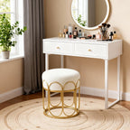 Pre-Assembled Modern Gold Vanity Stool, White Sherpa Boucle Round Ottoman & Metal Frame Pouf, 17.7" No Assembly Required Makeup Chair, Cozy Teddy Footrest for Bedroom & Living Room