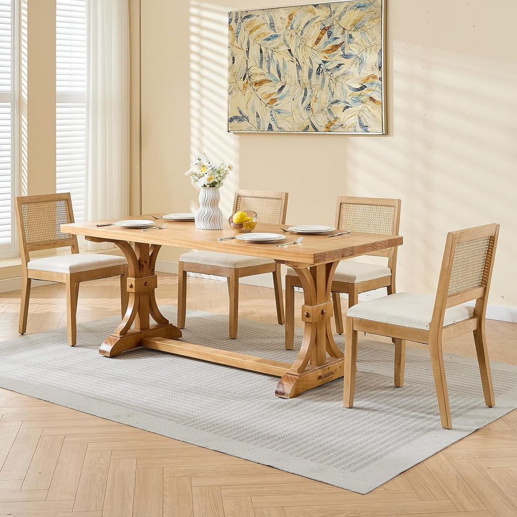 Vintage French Country Dining Chairs Set of 4, Rattan Dining Chairs with a Low Square Back, Beige 4 Dining Chair Set, Sillas para Comedor, Kitchen & Dining Room Chair (Beige, 4Pcs)
