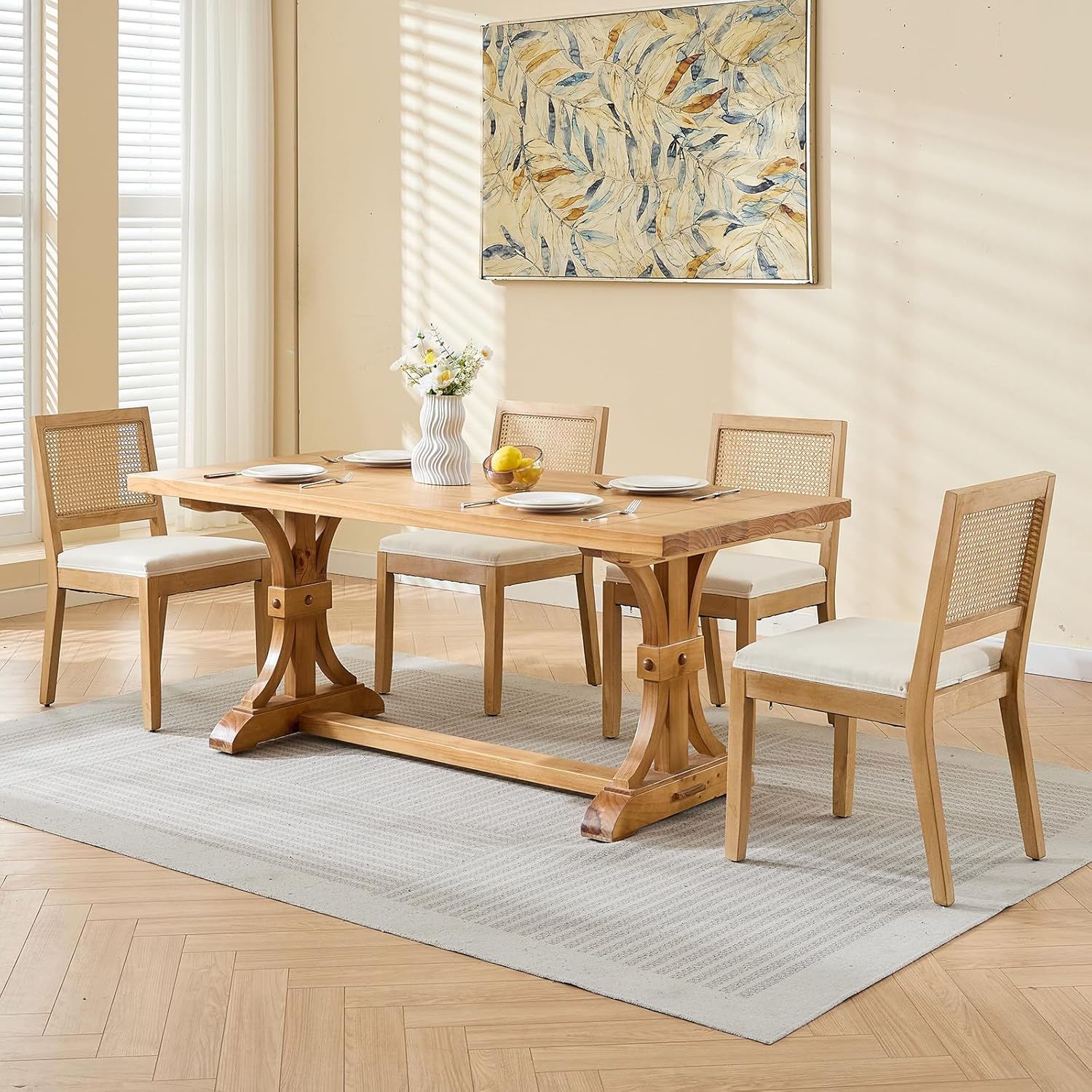 French Country Dining Chairs Set of 8, Beige Modern Kitchen & Dining Room Chairs, Rattan Dining Chair with Linen Upholstered Cushion, Low Cane Back, Wood Legs, Sillas de Comedor (Beige, 8 Pcs)