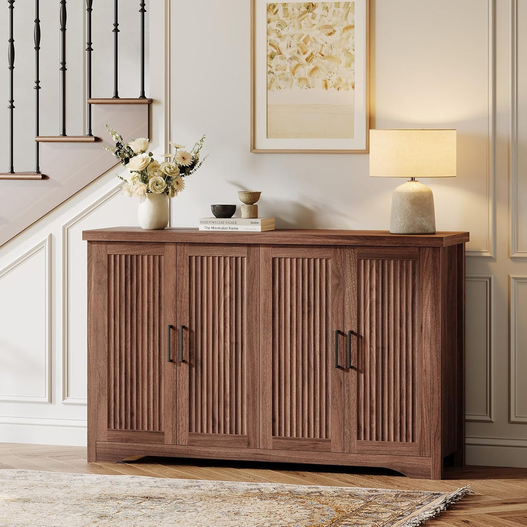 Memobarco Fluted Buffet Cabinet with Storage Accent Sideboard,Modern Credenza with 4 Doors & Adjustable Shelves,Wood Coffee Bar Table Console for Dining Room Kitchen Living Room Entryway, Walnut