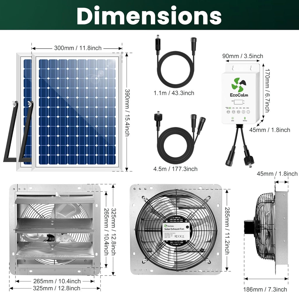 10" Solar Exhaust Fan for Greenhouse with Battery and Adjustable Thermostat, Attic Fans for Garage and Shed with 2PCS 15W Bifacial Solar Panels