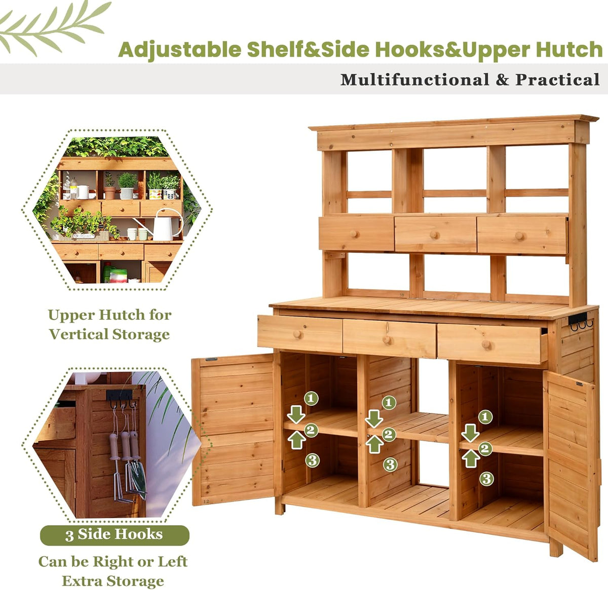 66" Durable Fir Wood Freestanding Storage Chest, Accent Cabinets with Multiple Drawers, Utility Organizer with Anti-Tipping for Patio Mudroom Greenhouse, Natural