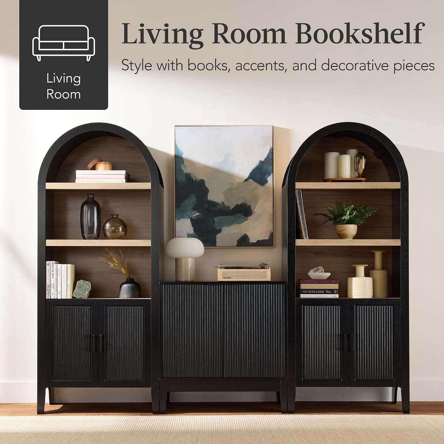 Best Choice Products 72" Tall Arched Pantry Cabinet w/Reeded Doors, 5-Tier Bookshelf, Armoire, Hutch, Bookcase, Storage Cabinet w/Adjustable Shelves, for Dining Room and Livingroom - Black Oak