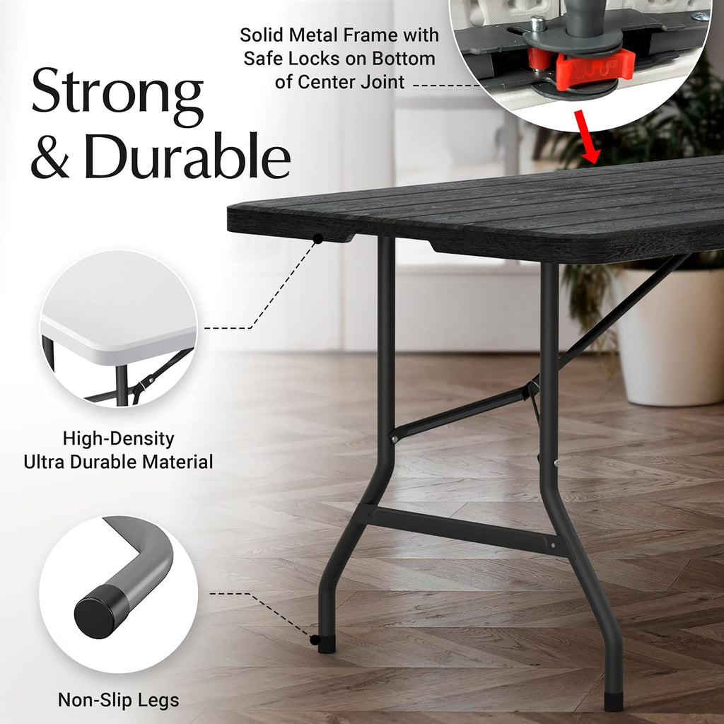 6 Feet Foldable Table with Built in Handle & Steel Legs | 6FT Heavy Duty Folding Portable | Perfect for Party, Dining, Wedding, Events, Picnic Indoor, Outdoor, Camping, Utility, Folding - 6 Foot