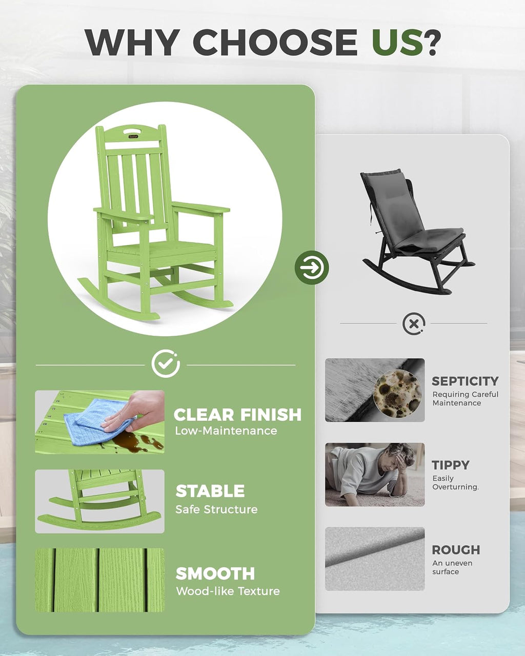 Rocking Chairs Outdoor, Oversized Patio Rocking Chair, All Weather Resistant HDPE, Heavy Duty Porch Rocker Chair with High Back Wide Arm Rest, LemonGreen