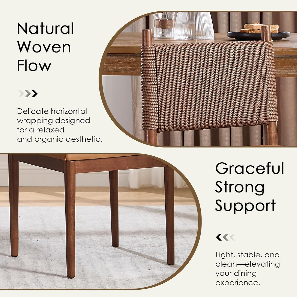 CIMOTA Brown Leather Dining Chairs Set of 2, Mid Century Modern Upholstered Dining Room Chairs with Woven Back, Armless Kitchen Chairs with Walnut Solid Wood Legs, PU