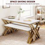 GarveeHome Kitchen Table with 2 Benches, Dining Table Set for 4 | Unique X-Shaped Design,Faux Marble Tabletop,Saving Space,For Kitchen, Dining Room,Apartment,Sturdy Metal Frame