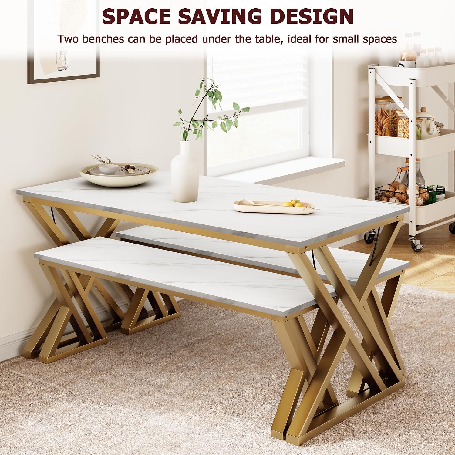 GarveeHome Kitchen Table with 2 Benches, Dining Table Set for 4 | Unique X-Shaped Design,Faux Marble Tabletop,Saving Space,For Kitchen, Dining Room,Apartment,Sturdy Metal Frame