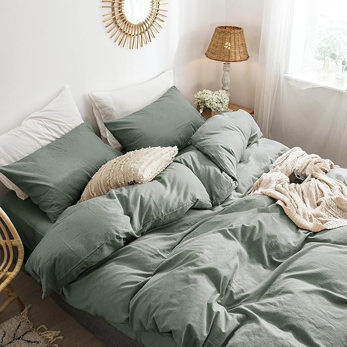 MooMee Bedding Duvet Cover Set 100% Washed Cotton Linen Like Textured Breathable Durable Soft Comfy (Heathered Green, Palatial King/Oversized King 120"x98")