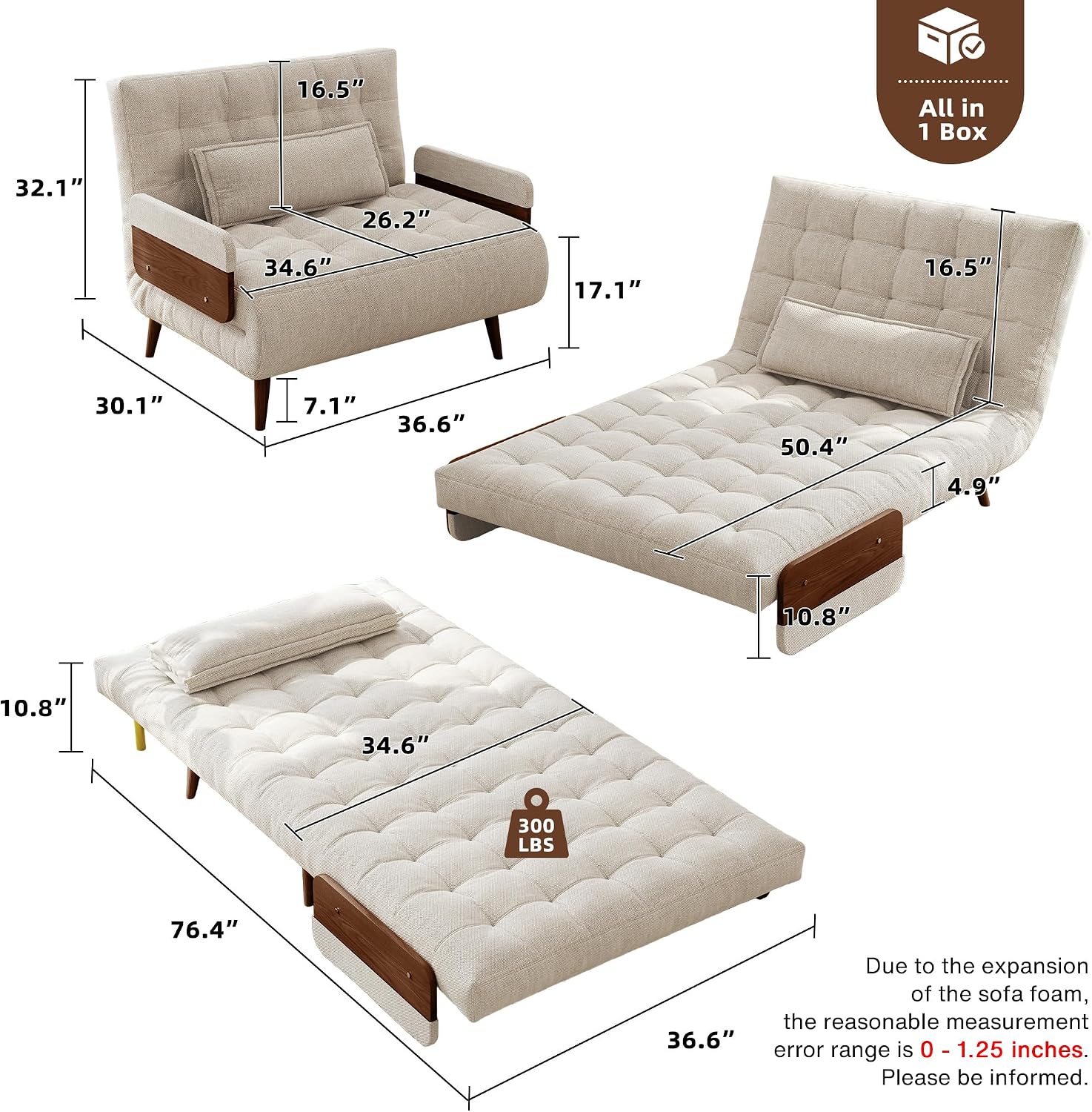 JASIWAY 3 in 1 Convertible Sleeper Chair, 37" Futon Sofa for Small Spaces