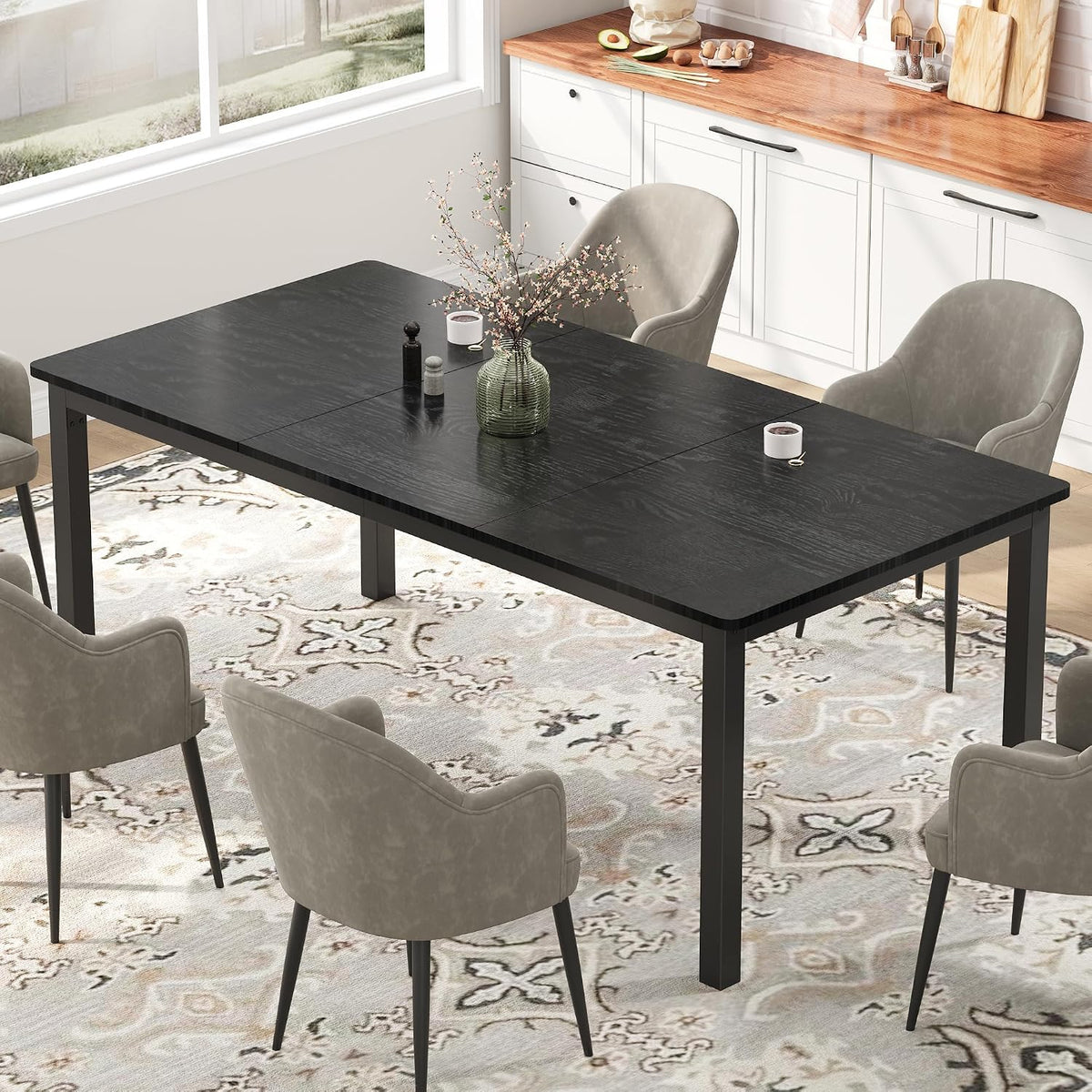 71 inch Long Rectangle Dining Table, MDF Top + Iron Legs with Rounded Corners, Modern Industrial Style Kitchen Table for 6-8 Persons, Black