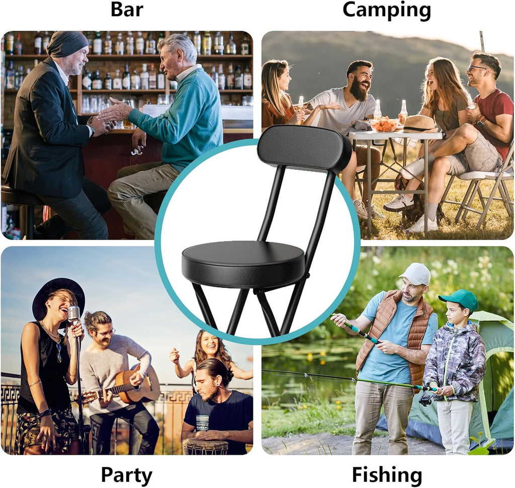 Folding Stool,Cushioned Padded Folding Bar Stool,24inch Black Height Heavy Duty Portable Chair Stool with 300lbs Capacity for Kitchen Living Room Garden Camping Fishing