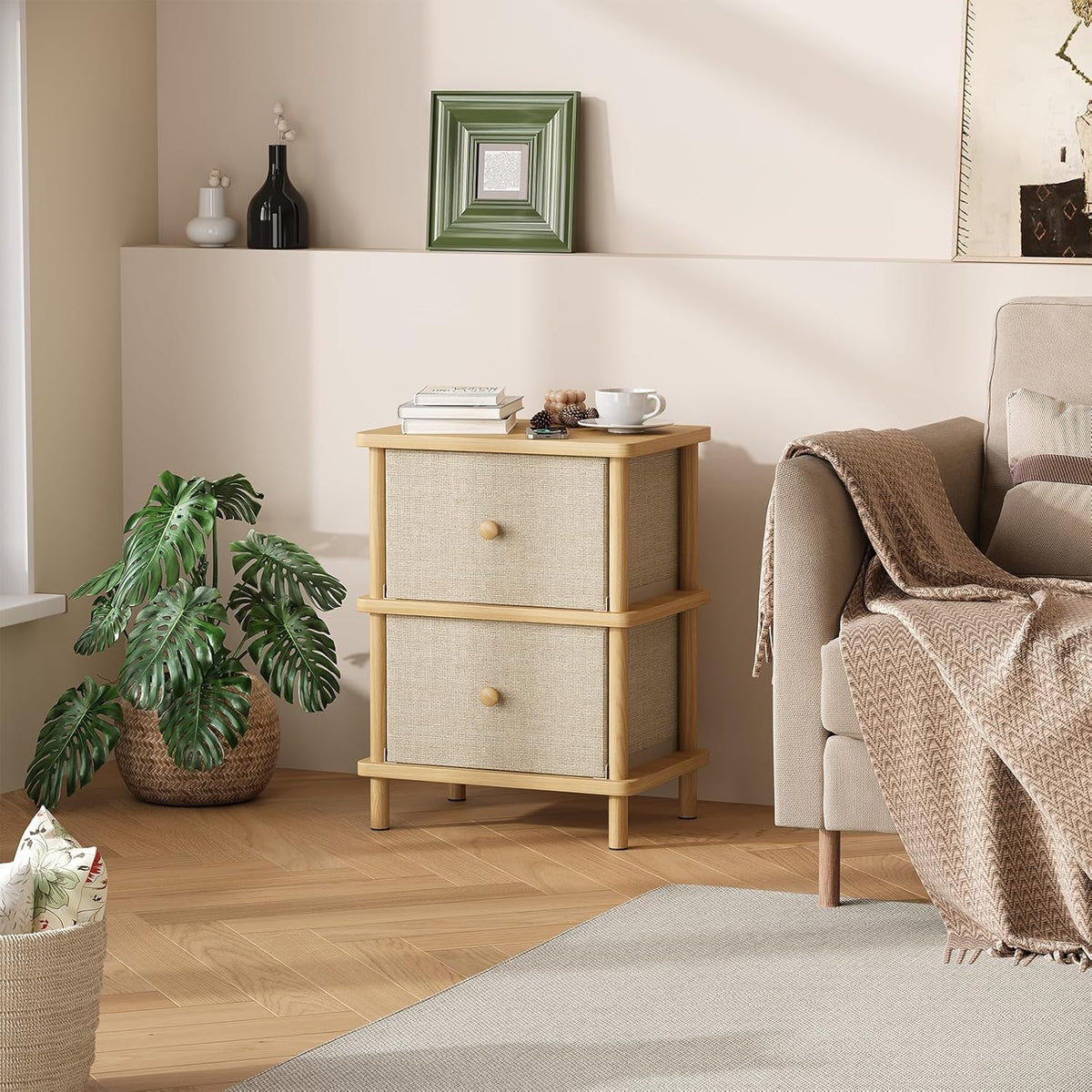 Apicizon Nightstand with 2 Storage Drawers, Boho Side Table with Solid Wood Legs, End Table for Small Spaces, Bedroom, Living Room, Entryway, Natural