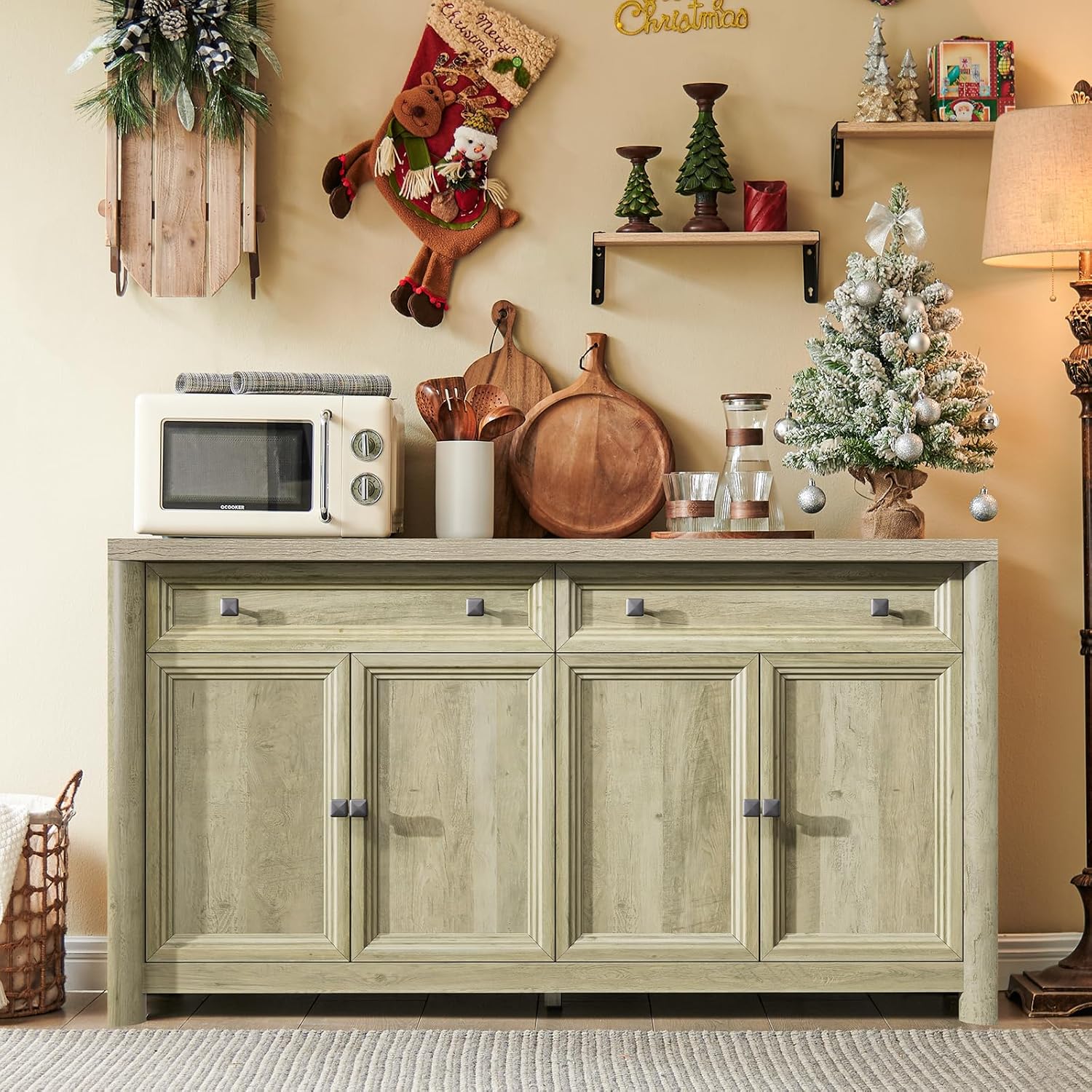 Standifurno Farmhouse Buffet Cabinet with Storage, 59" Large Sideboard Credenza with Adjustable Shelves & 4 Doors, Wood Rustic Kitchen Coffee Bar Console for Table Living Room, Natural