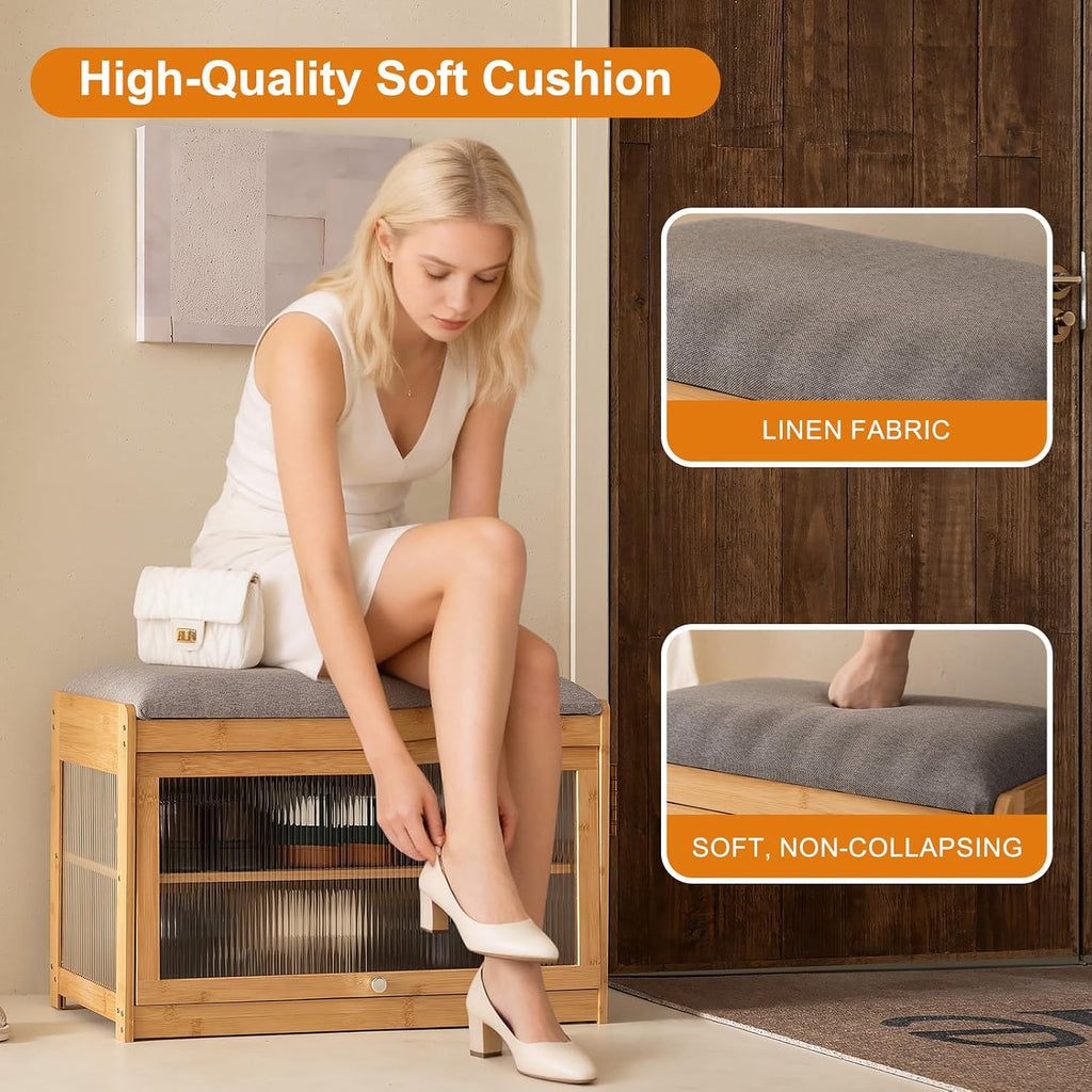 Bamboo Shoe Storage Bench with Seat Cushion for Entryway, 27" Farmhouse Small Shoe Rack with Hidden Flip-Top Storage & Dustproof Acrylic Door, 2-Tier Narrow Shoe Cabinet Organizer, Natural