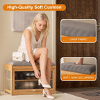 Bamboo Shoe Storage Bench with Seat Cushion for Entryway, 27" Farmhouse Small Shoe Rack with Hidden Flip-Top Storage & Dustproof Acrylic Door, 2-Tier Narrow Shoe Cabinet Organizer, Natural