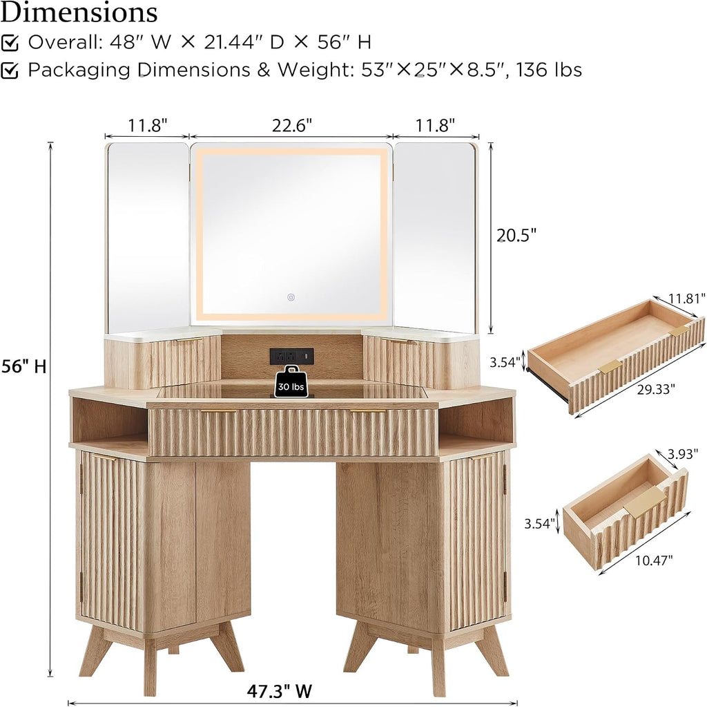 T4TREAM 48" Fluted Corner Makeup Vanity Desk with 3 Way Mirror and Light | Dimmable LED Light, Touch Control, Glass Top, Charging Station, Spacious Drawers, Storage Shelves, Open Cubby, for Bedroom
