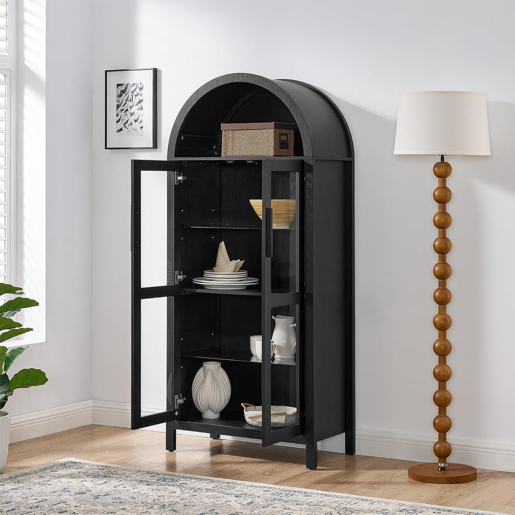 67" Arched Cabinet with Glass Doors: Pantry Cabinets for Kitchen Storage,Modern Retro Style Wooden,Book Display Shelf with Adjustable Glass Partitions & Light - for Kitchen,Entryway.Black