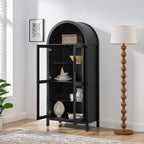 67" Arched Cabinet with Glass Doors: Pantry Cabinets for Kitchen Storage,Modern Retro Style Wooden,Book Display Shelf with Adjustable Glass Partitions & Light - for Kitchen,Entryway.Black