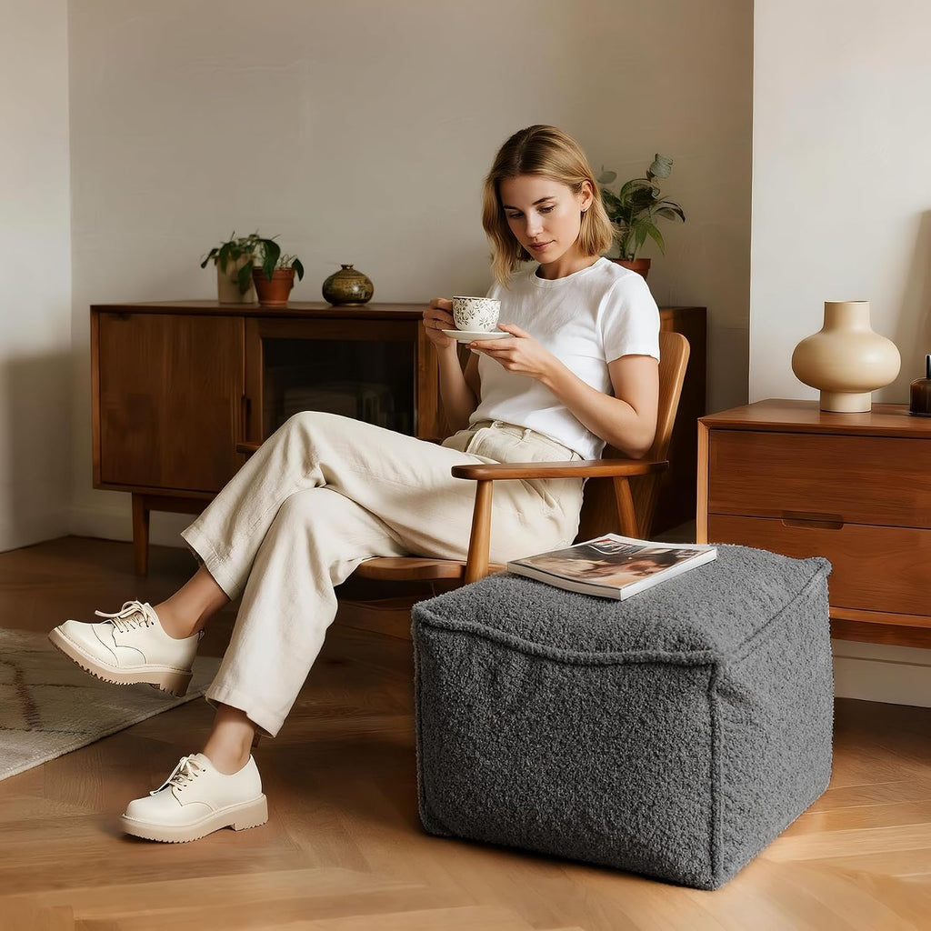 Square Boucle Pouf Ottoman Footrest, Soft & Lightweight Footstool with Foam Filling for Living Room & Bedroom, Laid-Back Lounge Style