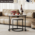 Otterease Nesting Tables Set of 2, Small Round Coffee Table for Living Room | Nesting Coffee Table with Adjustable Non-Slip Feet, Wood Grain Top Nesting Table for Living Room, Bedroom (Wood Grain Grey)
