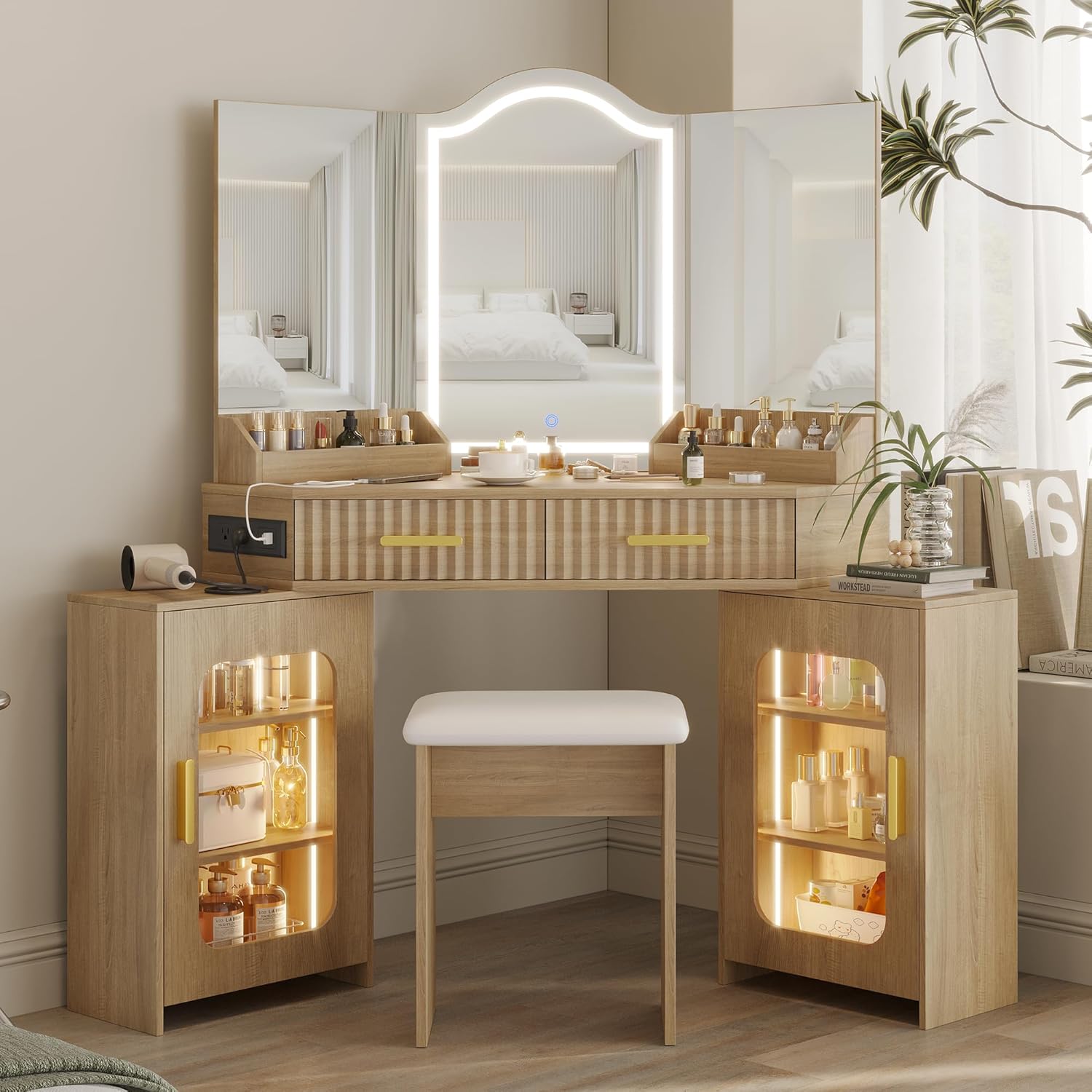 Corner Vanity Desk with 3 Way Mirror & LED Lights, Makeup Table Set with Charging Station, Storage Drawers & Side Cabinets, Modern Bedroom Dressing Table for Women & Girls Birthday Gift