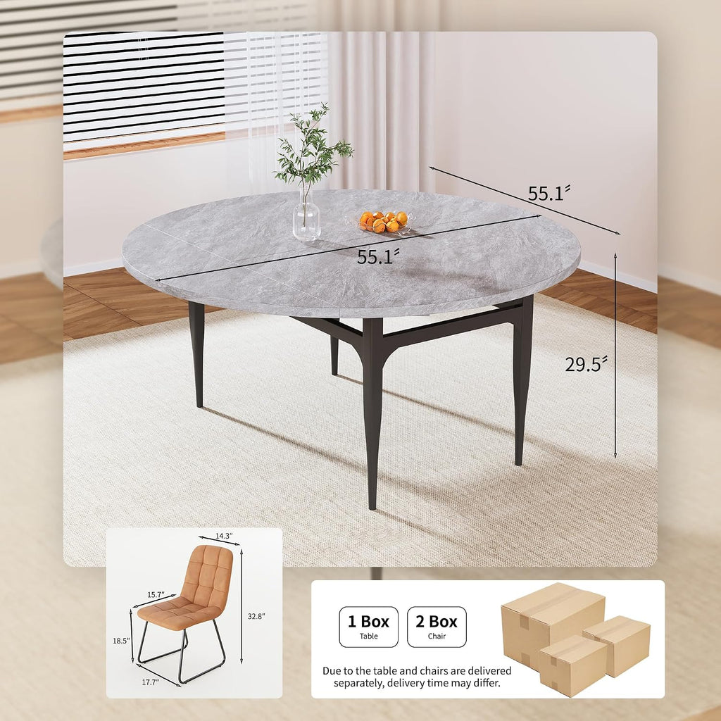 HIPIHOM Expandable Folding Dining Table Set, 55-Inch Round to Square Table with 6 Upholstered Chairs, Metal Frame, for Dining Room or Apartment (Round Table + 6 Black Modern Dining Chairs)