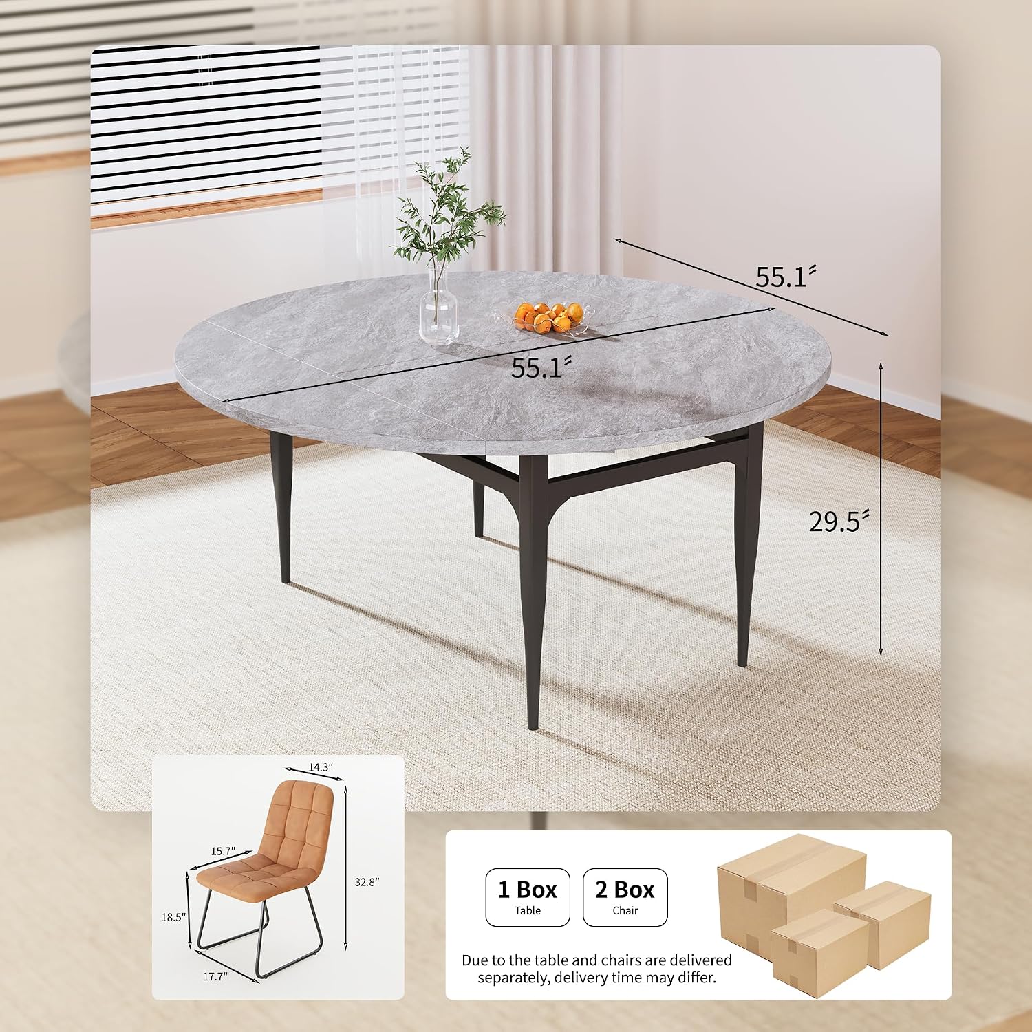 HIPIHOM Expandable Folding Dining Table Set, 55-Inch Round to Square Table with 6 Upholstered Chairs, Metal Frame, for Dining Room or Apartment (Round Table + 6 Black Modern Dining Chairs)