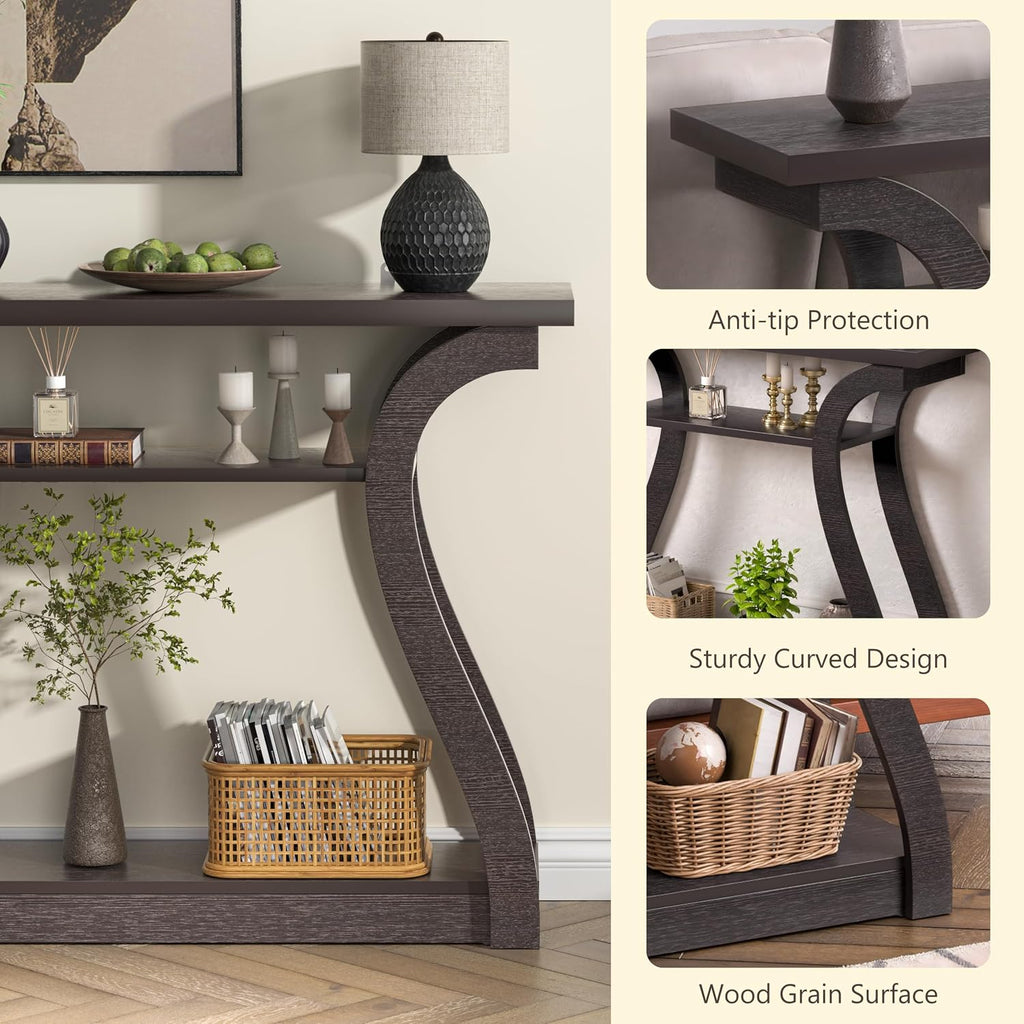 47" Narrow Console Table, Entry Table with Curved Legs, Sofa Table | Wood Console Table 3-tier Shelf Modern Accent Sofa Table for Entrance Area, Living room, Hallway (Brown)