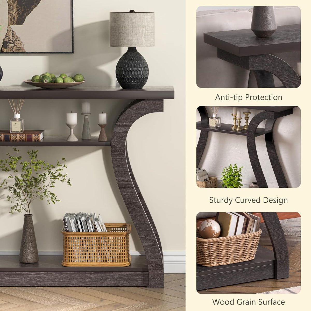 47" Narrow Console Table, Entry Table with Curved Legs, Sofa Table | Wood Console Table 3-tier Shelf Modern Accent Sofa Table for Entrance Area, Living room, Hallway (Brown)