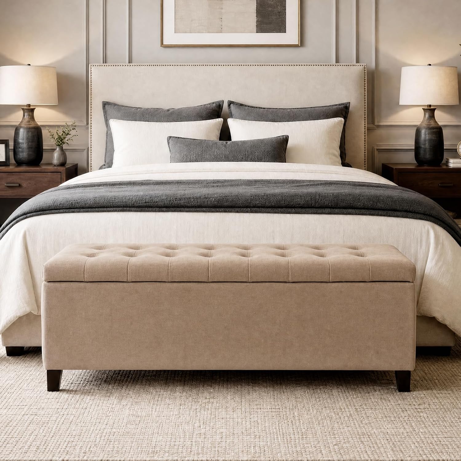 Madison Park 49" Upholstered Storage Bench, Button Tufted End of Bed Bench with Storage, Dual Spring Soft-Close Lid, Bedroom Bench for Queen King Bed, Entryway Living Room, Sand