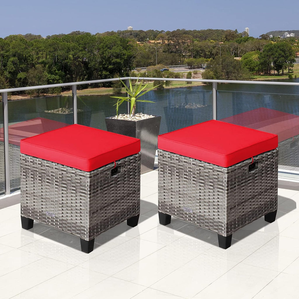RELAX4LIFE 2-Piece Patio Rattan Ottomans - Outdoor Wicker Furniture w/ 2 Footrest Stools, Comfortable Cushions & Steel Metal Frame, All-Weather Patio Set for Backyard,Garden (Red)