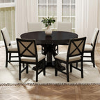 42"-54" Extendable Dining Table for 4-6 People Farmhouse Round/Oval Dining Room Table Solid Wood Kitchen Table with Cross Base (Dark Brown)