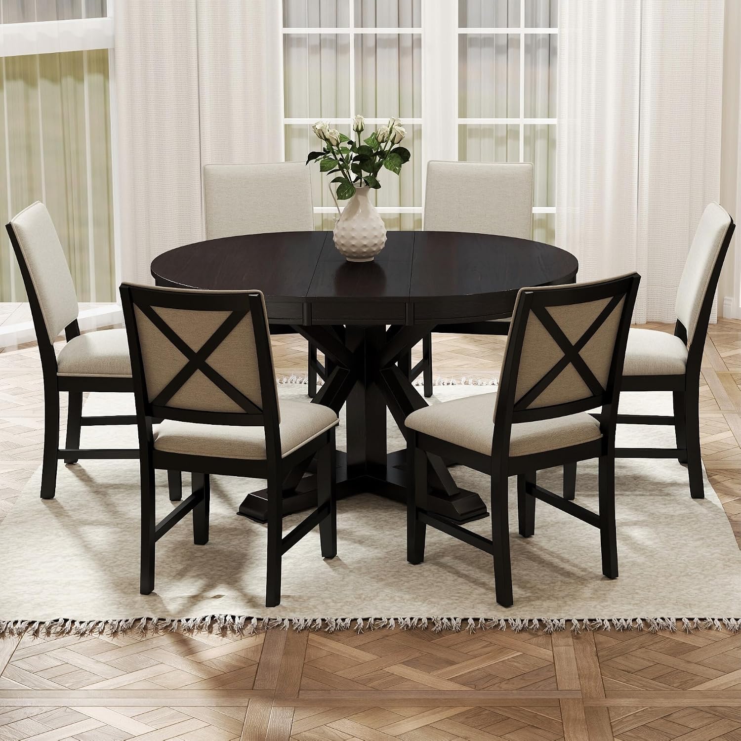 42"-54" Extendable Dining Table for 4-6 People Farmhouse Round/Oval Dining Room Table Solid Wood Kitchen Table with Cross Base (Dark Brown)