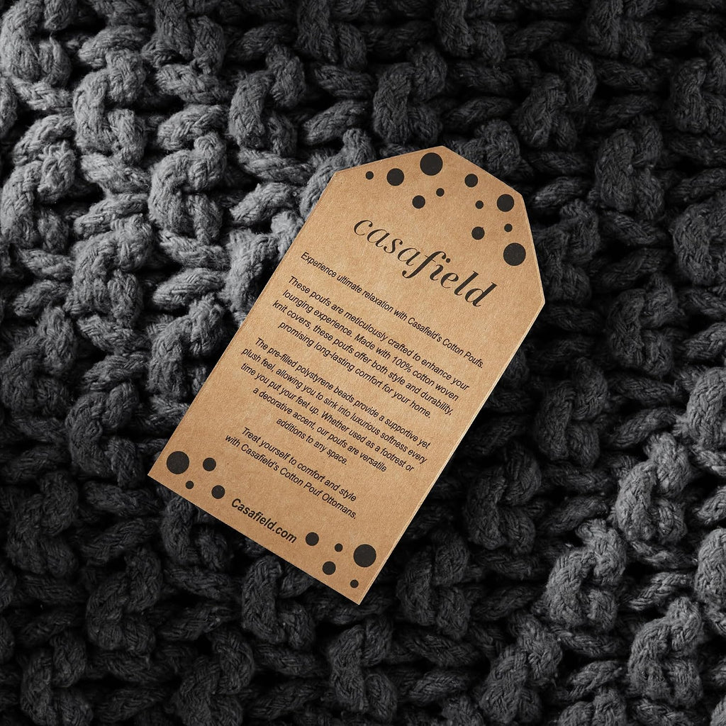 Casafield Square Pouf Ottoman, Black - 18.5" W x 18.5" D x 14.5" H Cotton Knit Foot Stool - Boho Floor Pouffe for Living Room, Bedroom, Home Office
