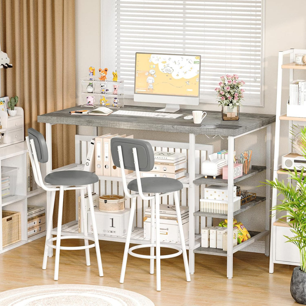DKLGG 3 Piece Dining Table Set for 2,Kitchen Island with Seating & Storage,Industrial Bar Table and Chairs Set,Space-Saving Pub Table Set for Small Space (Grey)