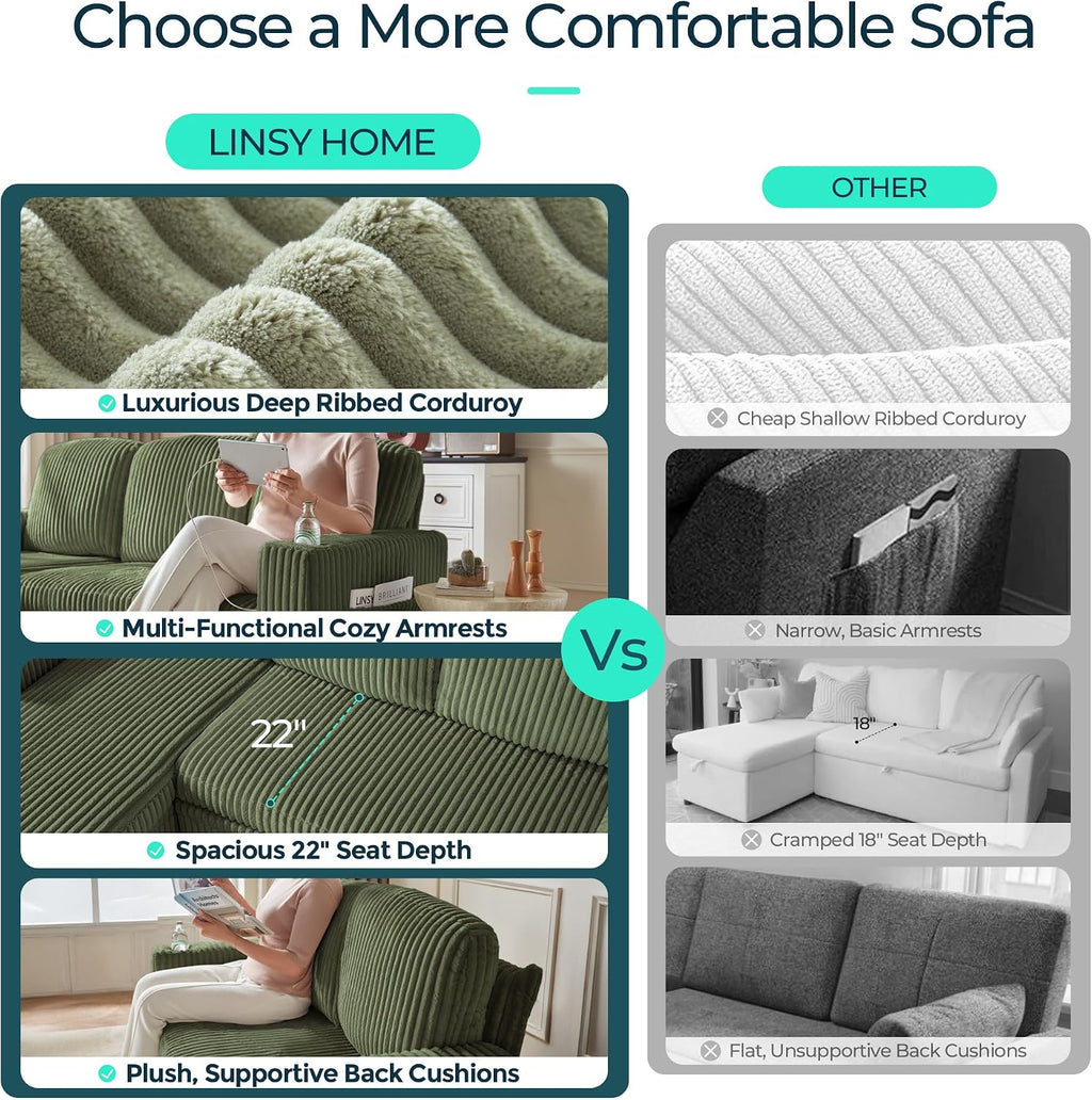 LINSY HOME Sectional Couches for Living Room, 81" L Shape 5 Seats, Green | Sleeper sofa with pull out couch bed, corduroy couch with storage
