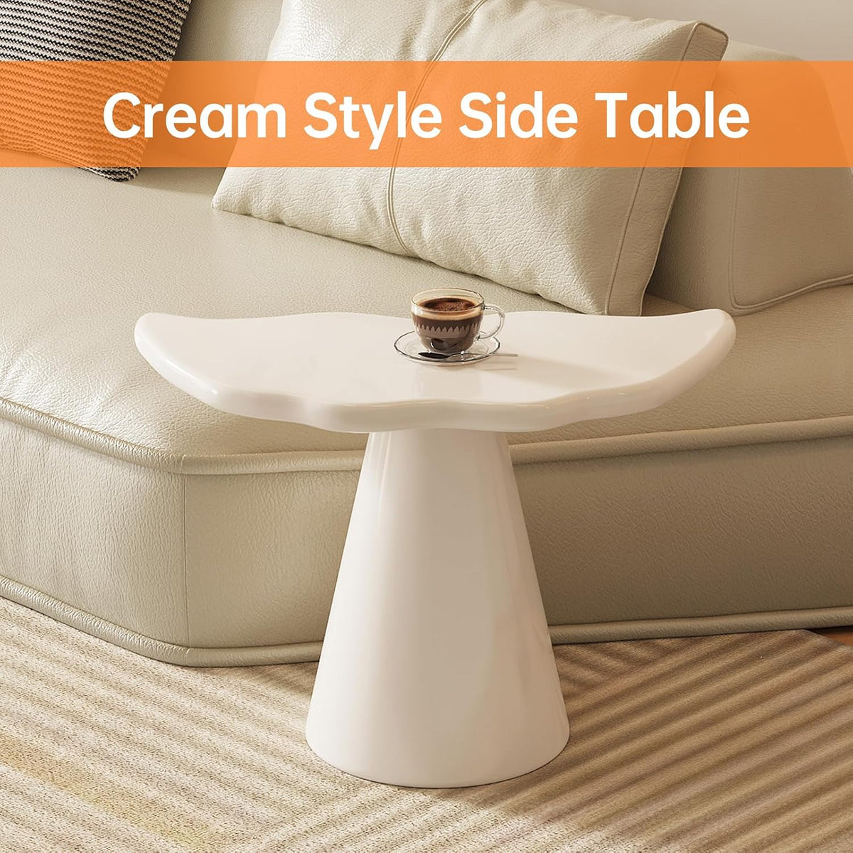 Guyii Irregular End Table, Cream White Side Table, Small Shark Fin Sofa Table for Living Room, Office, Home, Bedroom, Easy Assembly